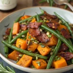 Roasted Green Beans and Butternut Squash with Turkey Bacon and Pumpkin Seeds
